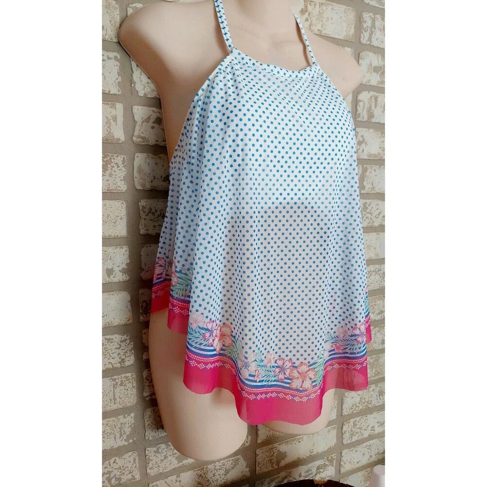 Coco Reef Swim Tankini Top White Multicolor Aura Mesh Ruffle Polka Dots 32C - Picture 3 of 7